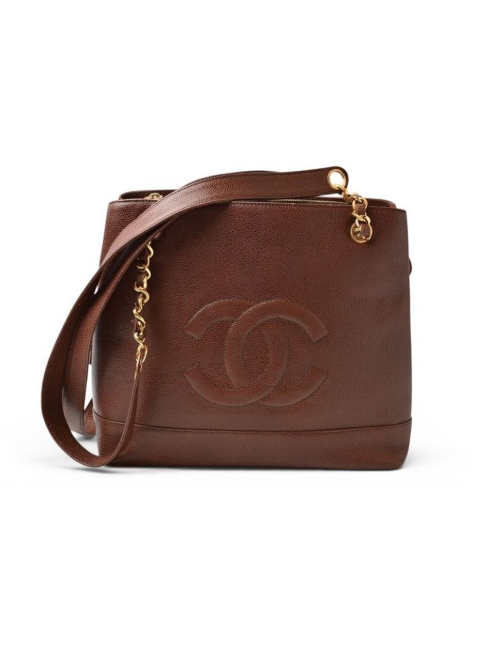 Chanel Chain Shoulder Bag Tote CC Logo Caviar Leather Brown Gold